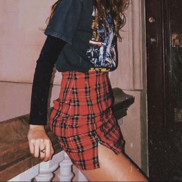 High Waist Plaid Skirt Bodycon with Slit - Picture 6 of 8